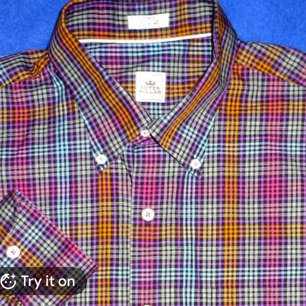 Peter Millar Mens Large Plaid Button Down Shirt Purple Orange Cotton Long Sleeve